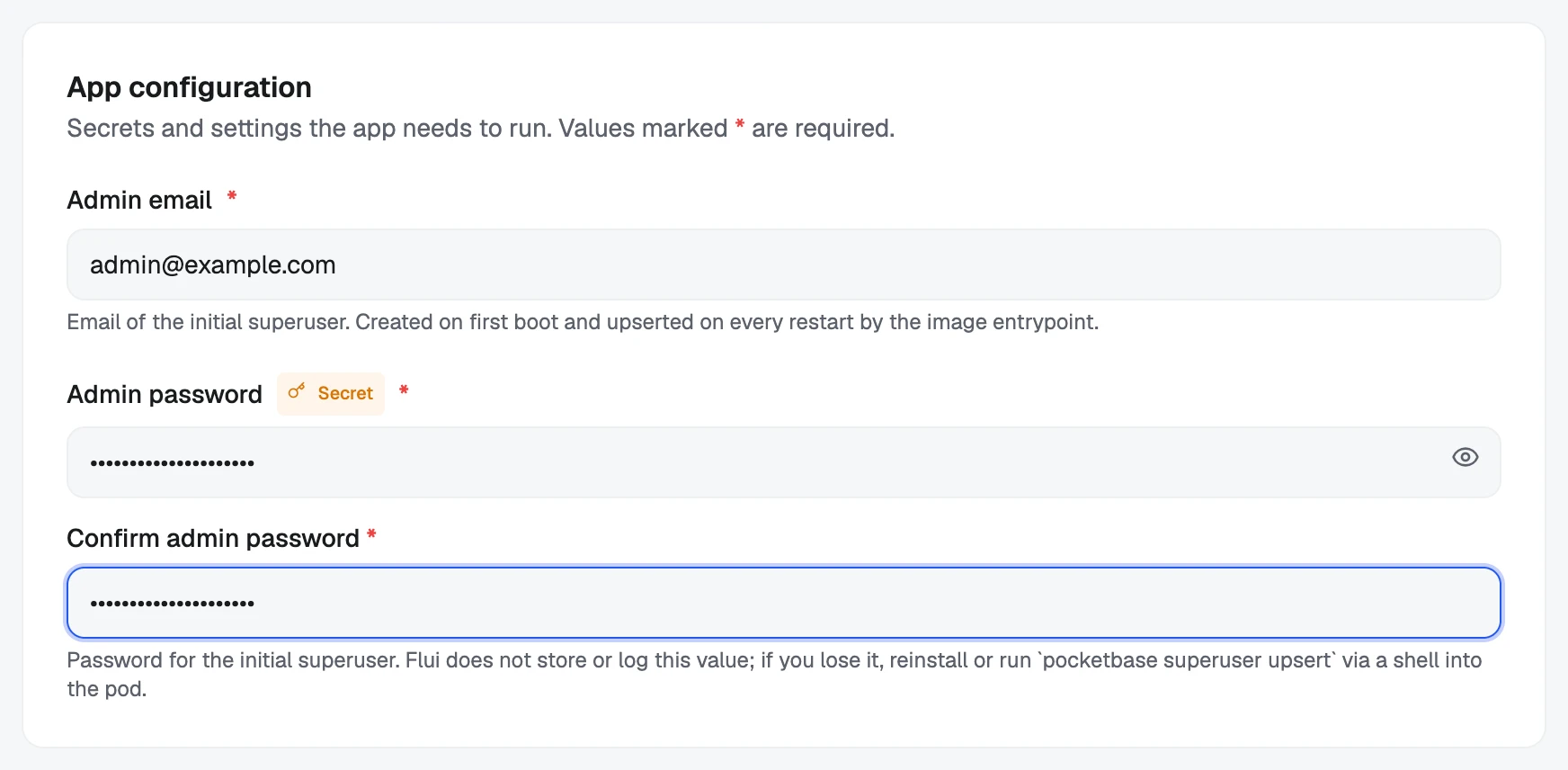 The Configuration step: the questions the entry asks, with secrets hidden as you type.