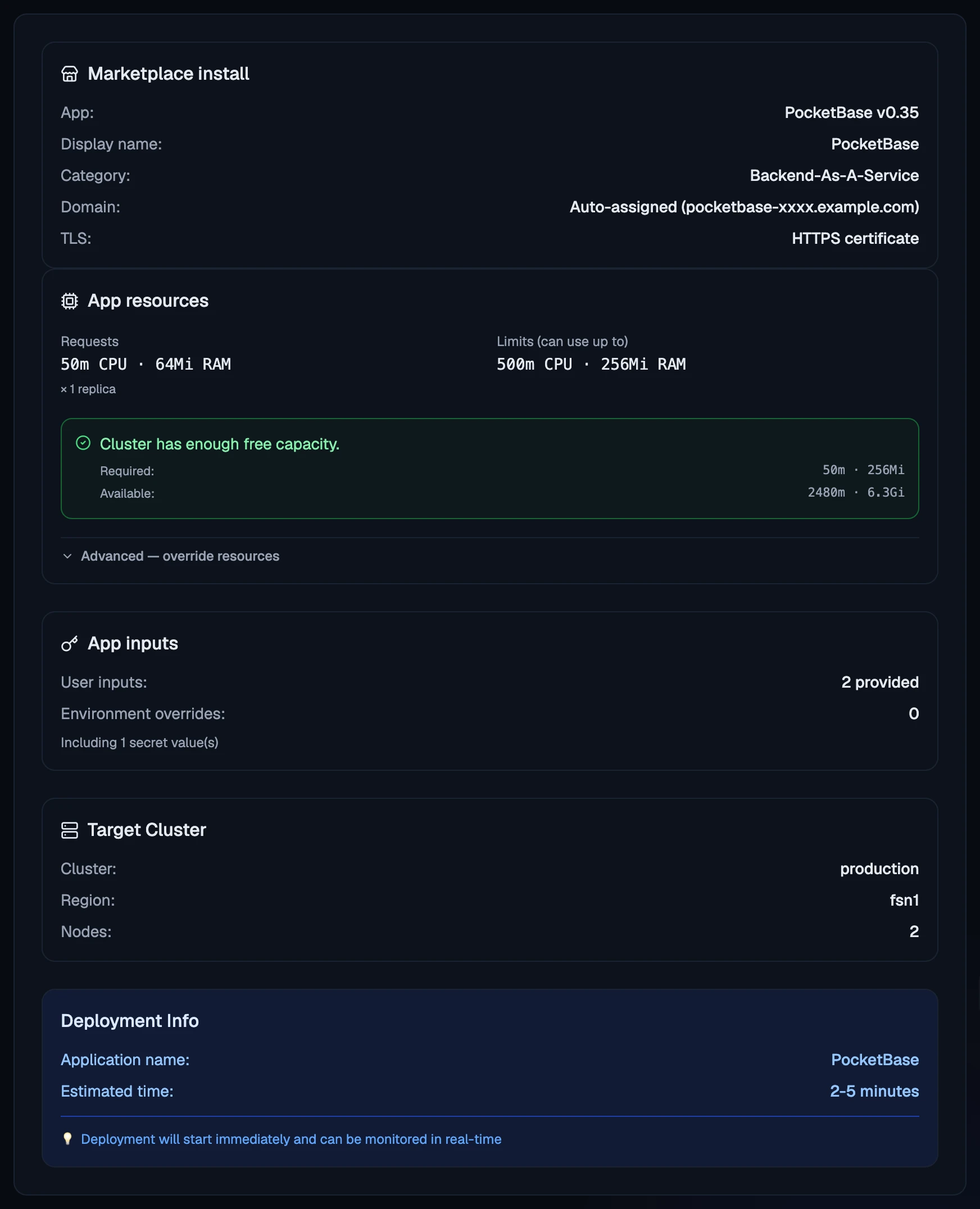 The Review step: what the install needs against what the cluster has free, and where it goes.