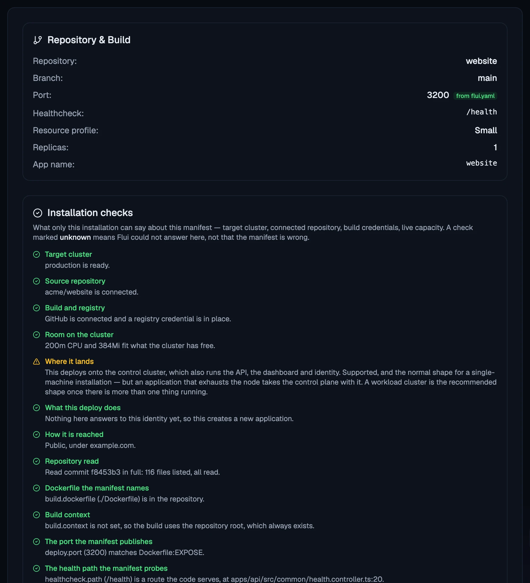 The Review step: what will be built, and the installation checks with their verdicts.