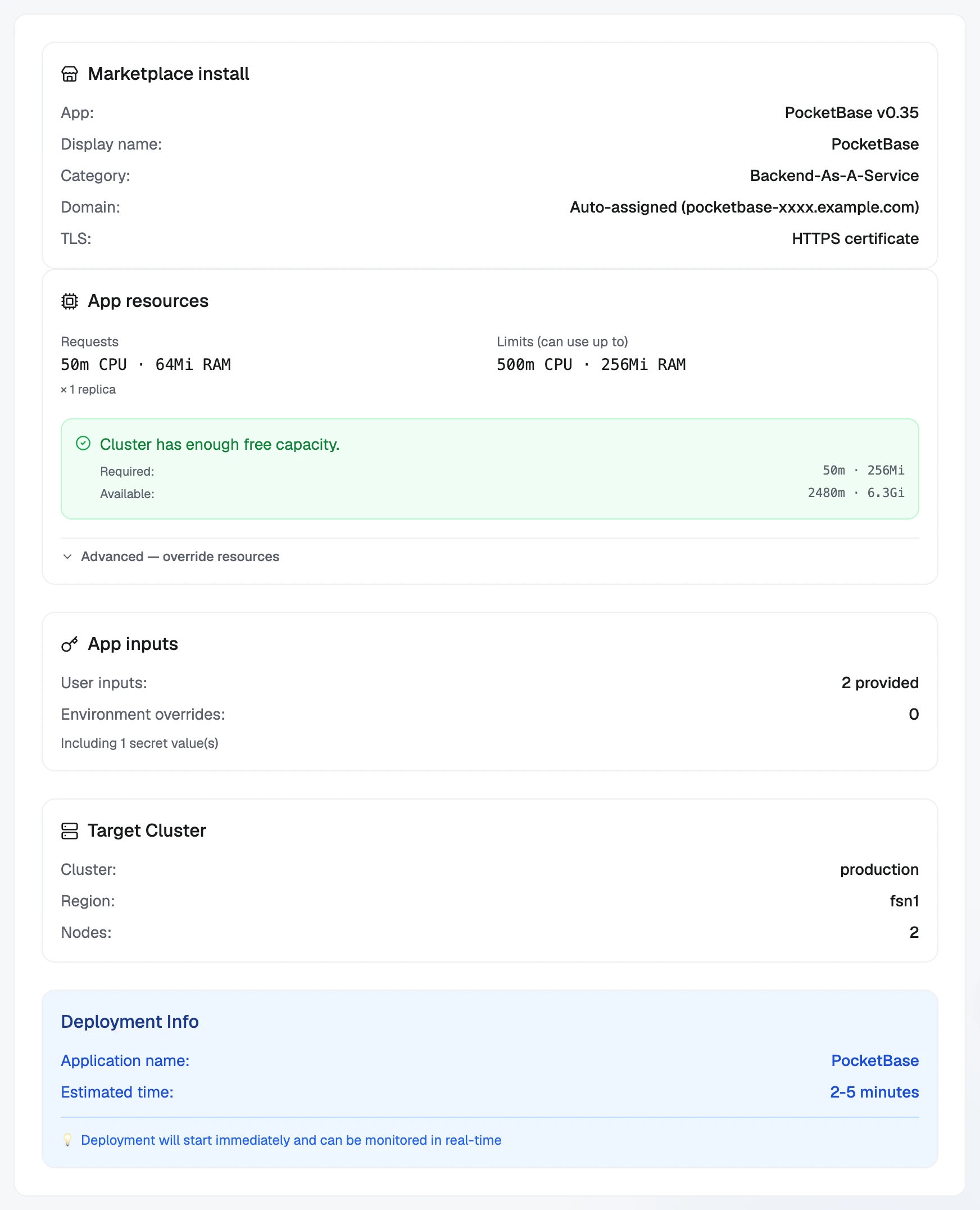 The Review step: what the install needs against what the cluster has free, and where it goes.