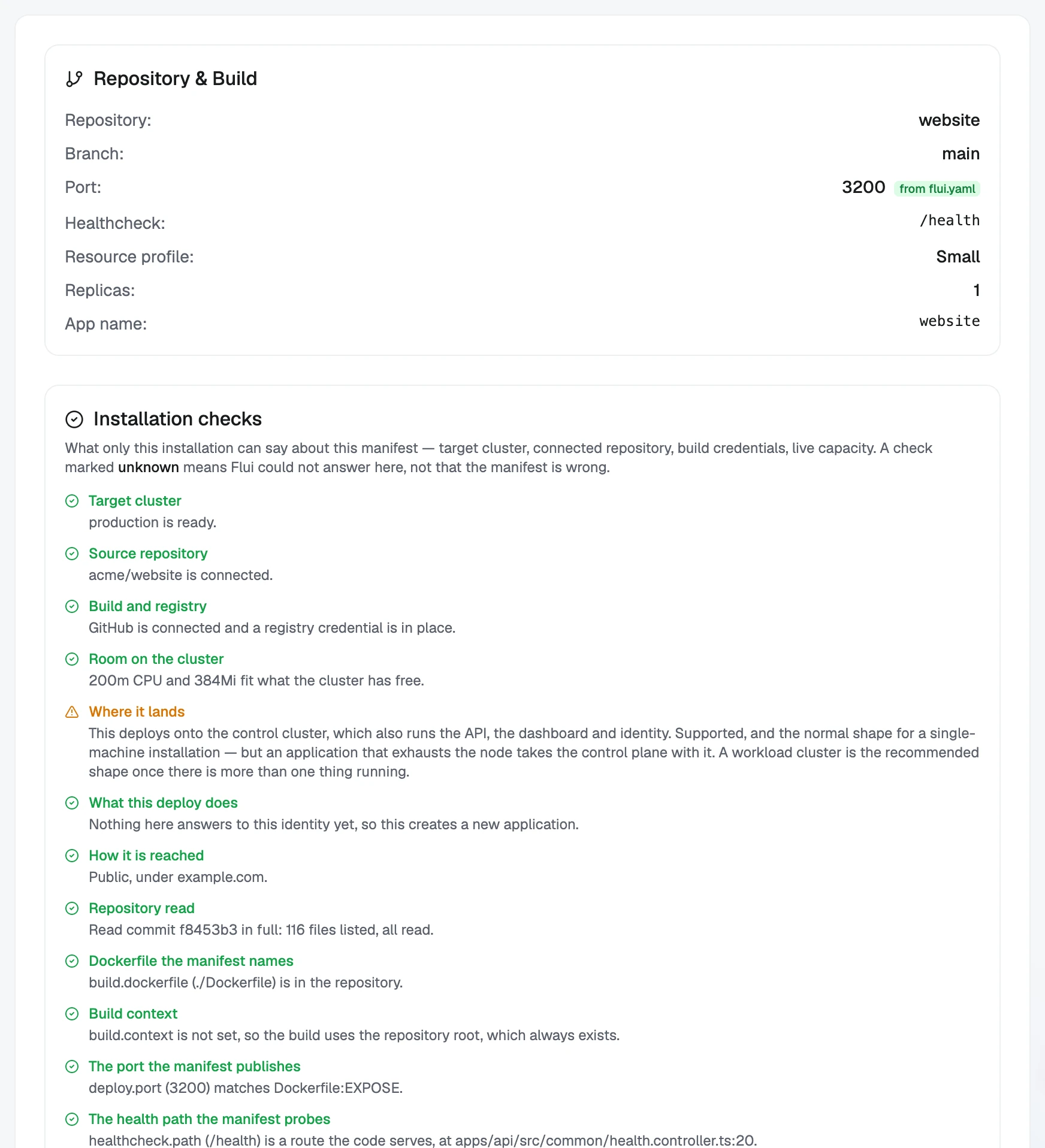 The Review step: what will be built, and the installation checks with their verdicts.
